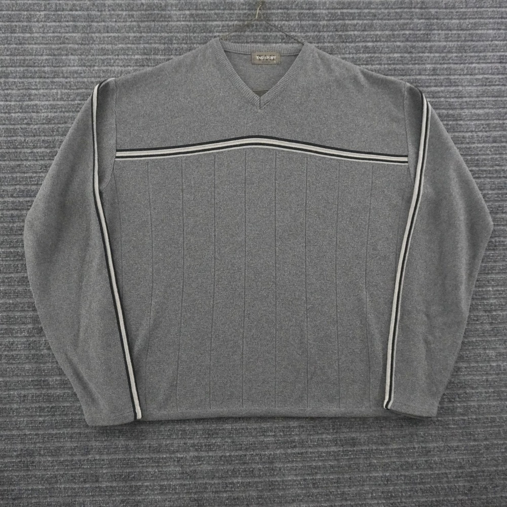 Vintage 90s TAG Sport V-Neck Sweater Mens Large Grey Striped Knit USA Made